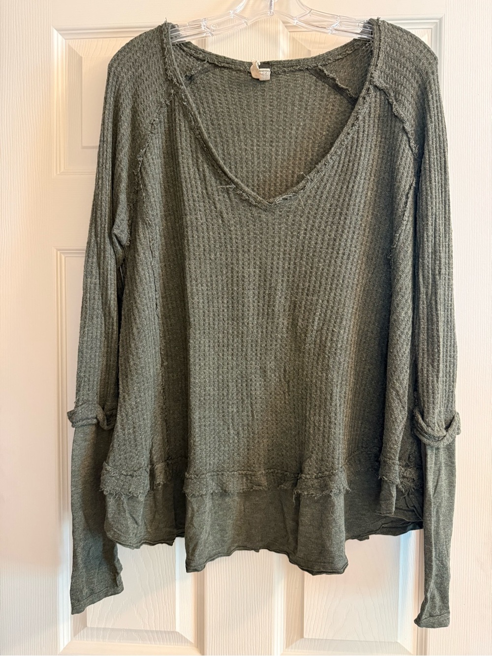 Free People Washed Olive Long-Sleeve Waffle V-Neck Top